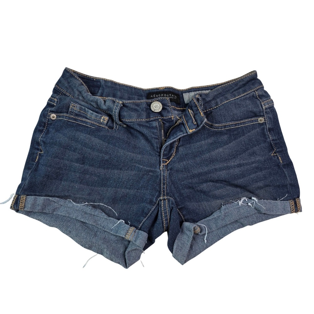 Aeropostale Midi Denim‎ Shorts Womens 0 Dark Wash Cut Off Rolled Cuff Stretch P4